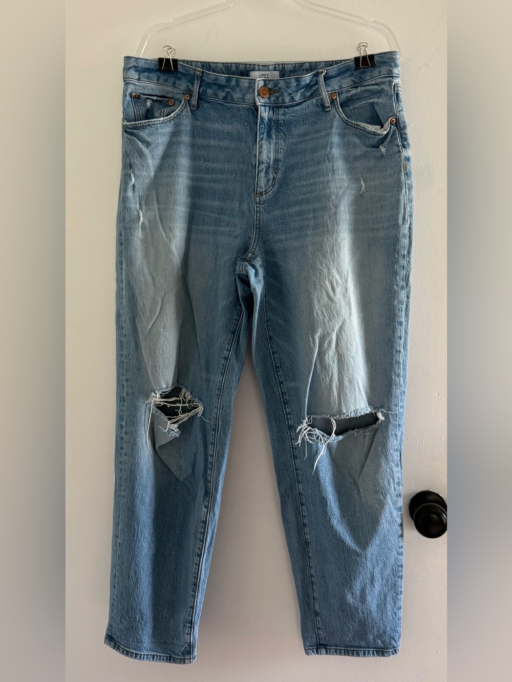 LOFT Plus High Waist Boyfriend Jeans 14 Light Wash Distressed Ripped Denim
